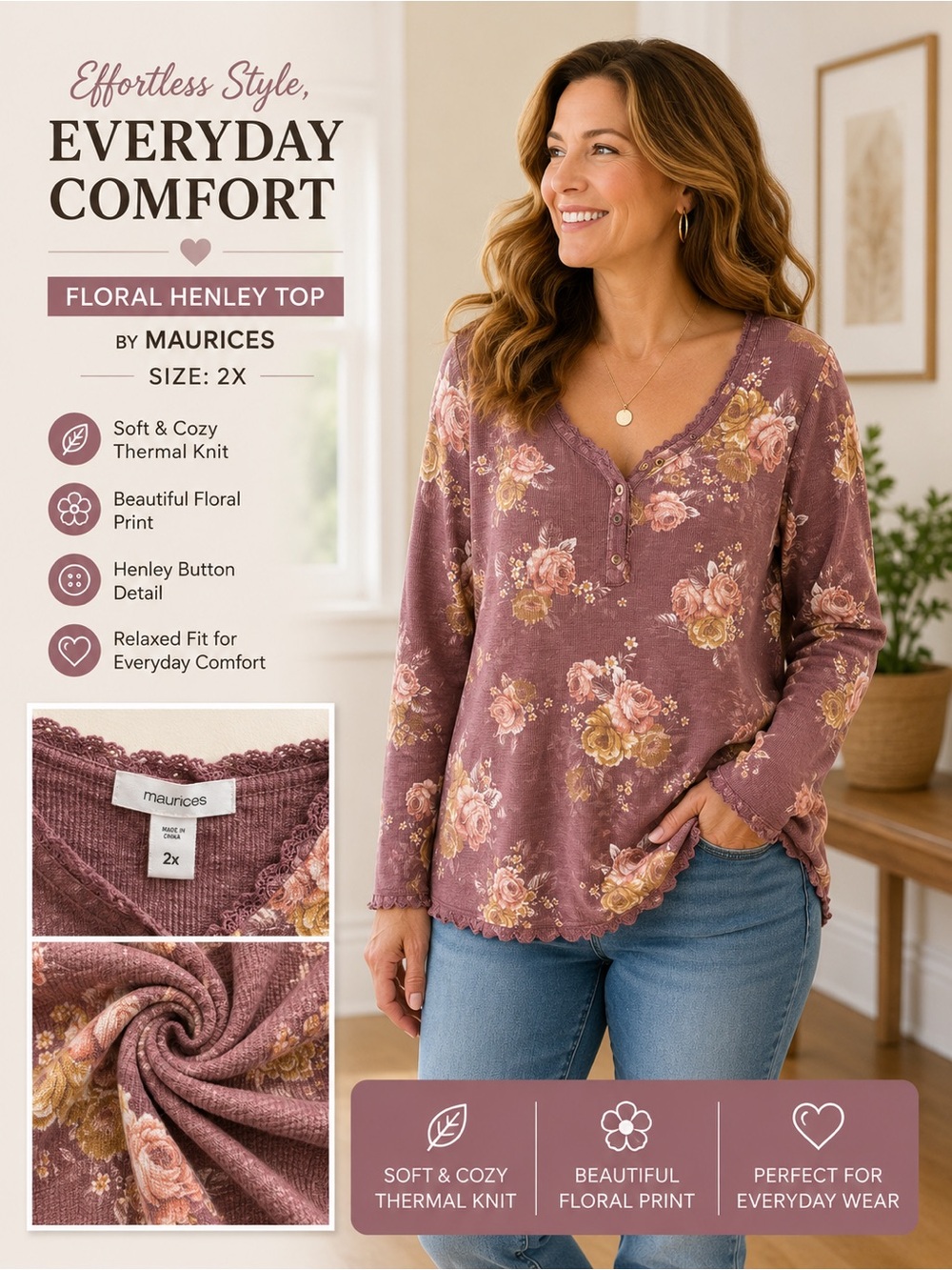 Maurices Mauve Floral Henley Thermal Top